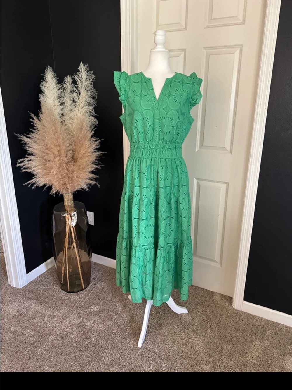 NWT PRETTYGARDEN Boho Maxi Dress Floral Lace Eyelet V-Neck In Green Size Large - Picture 8 of 12